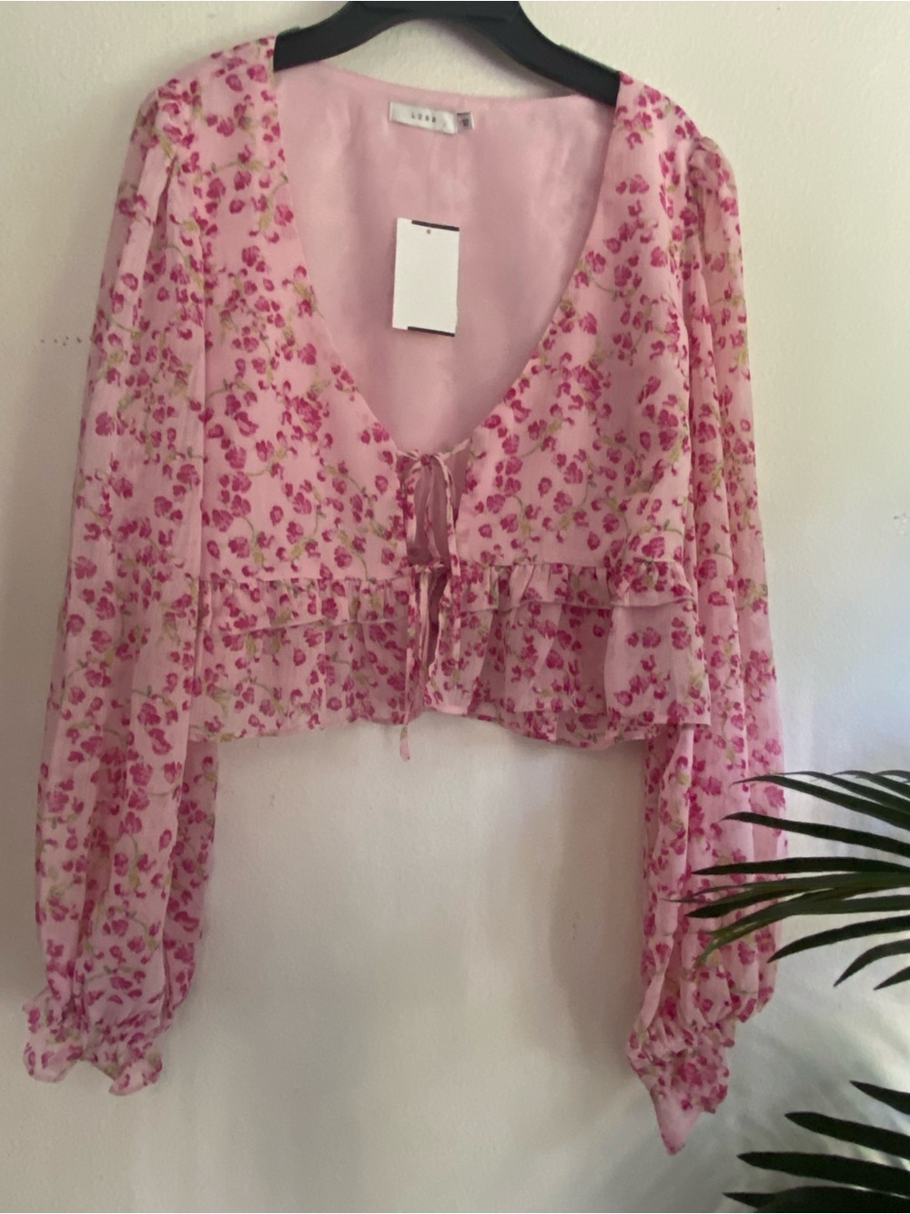 Lush Pink Floral Tie-Front Sheer Blouse